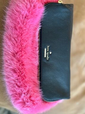 kate spade Pink Fur-Trim Black Leather Clutch